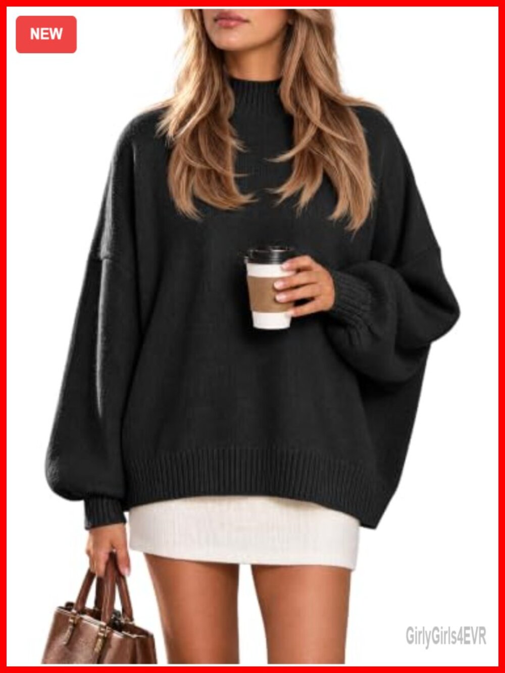 Oversized Mock Neck Pullover Sweater Lantern Sleeve Tunic